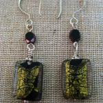 #217 Black and gold 4/8" dichroic squares and 6mm black and gold czech beads combine to make a sweet pair of earrings just for you. Handmade sterling silver ear wires. 2 1/4" SOLD